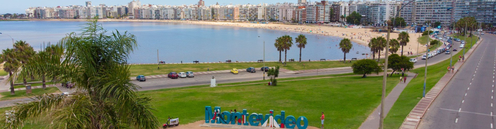 Montevideo night skyline with parked cars