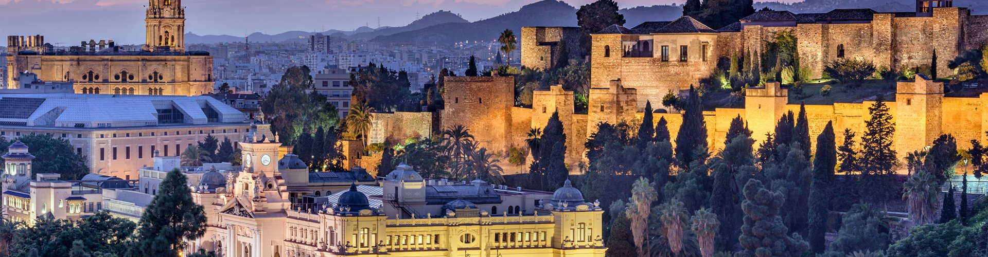Málaga night skyline with parked cars