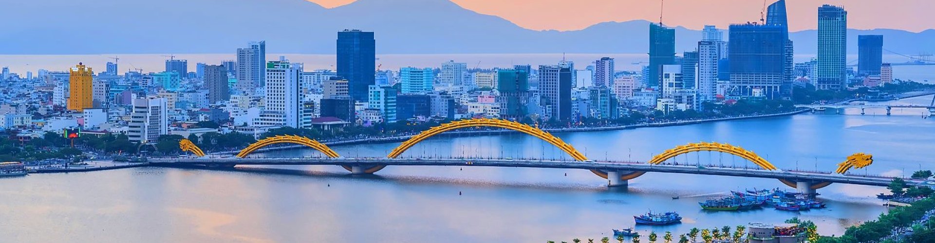 Da Nang night skyline with parked cars